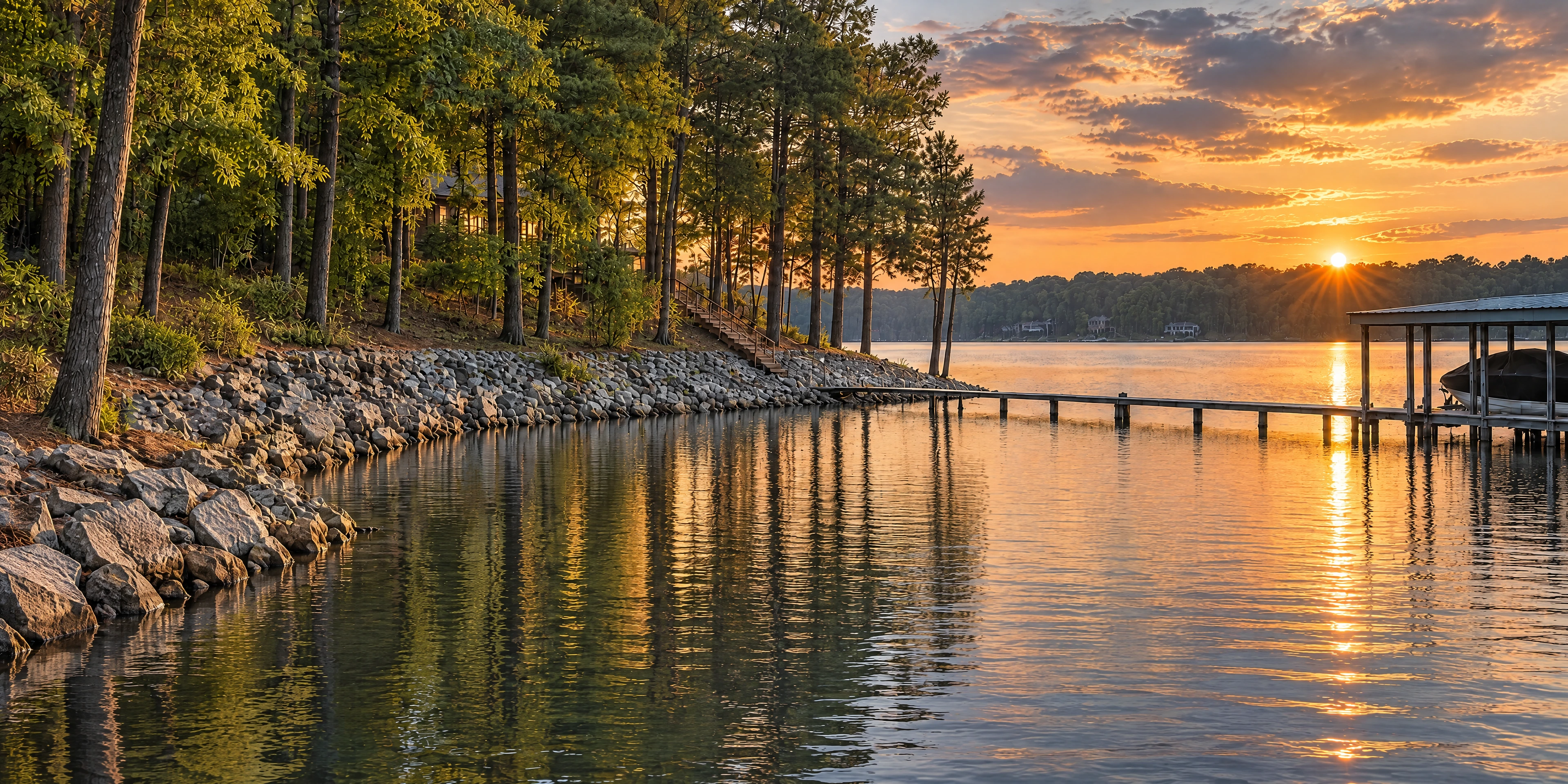 Wooded shoreline and dock beside a lake at sunset