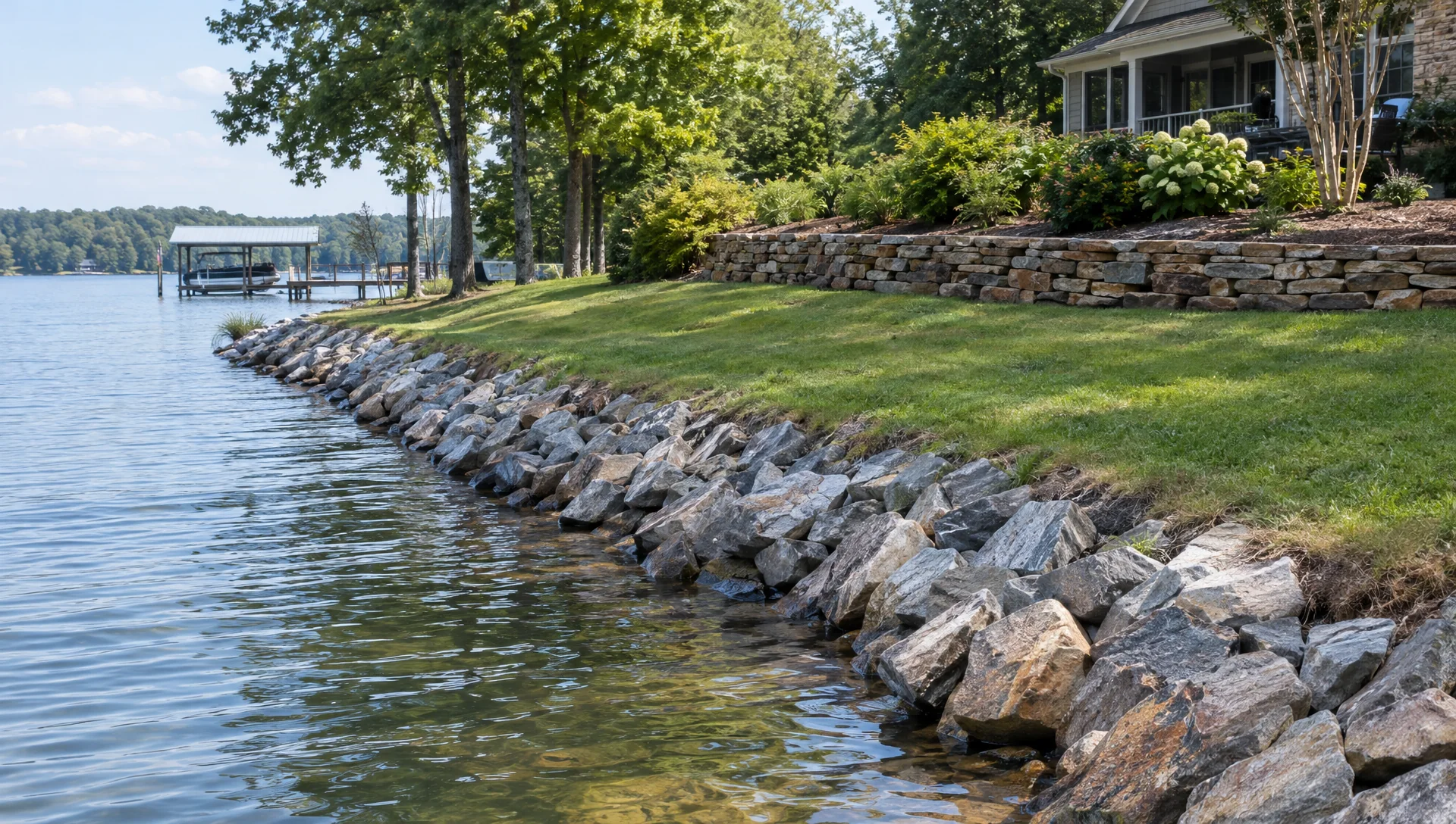 Stone shoreline and a separate low retaining wall in a waterfront yard