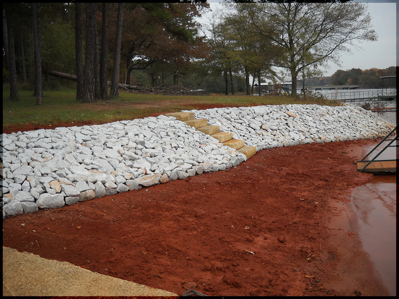 Riprap and red-soil bank beside a dock